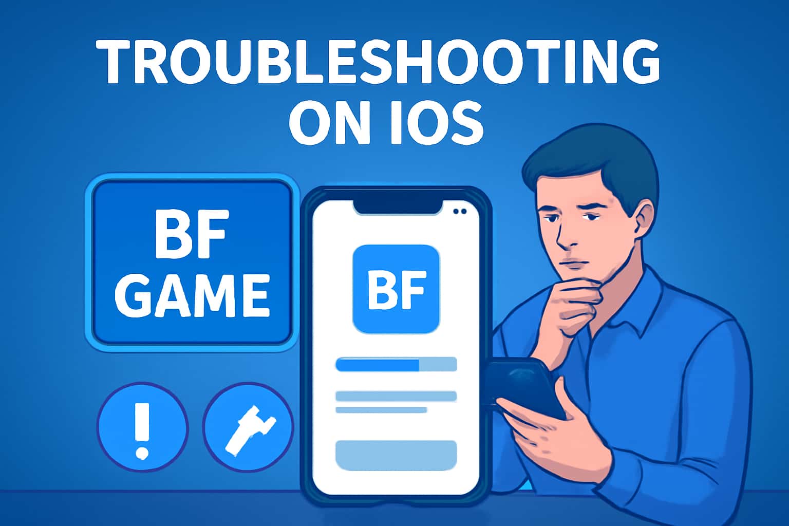 An informational scene depicting troubleshooting techniques for Bf Game on iOS devices.